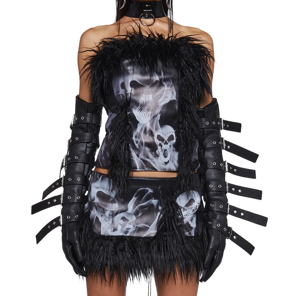 NWT 2PC Namilia Doomsday Faux Leather Fur Skull, Corset and Skirt Set Small XS S